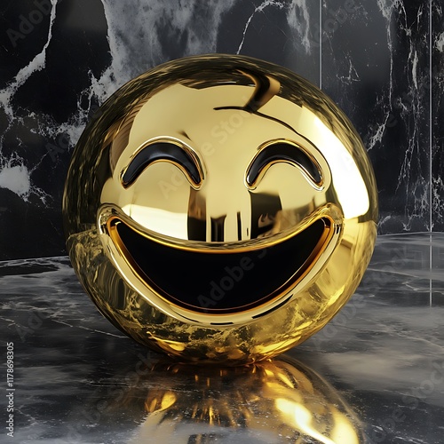 Shiny metallic gold Smiley emoji with a mble black-and-white background photo