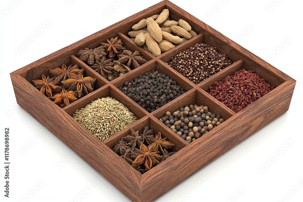 A wooden spice rack features a variety of spices and seeds, arranged neatly in a grid layout, showcasing diverse textures and colors. A wooden spice rack features a variety of spices and seeds, arranged neatly in a grid layout, showcasing diverse textures and colors.