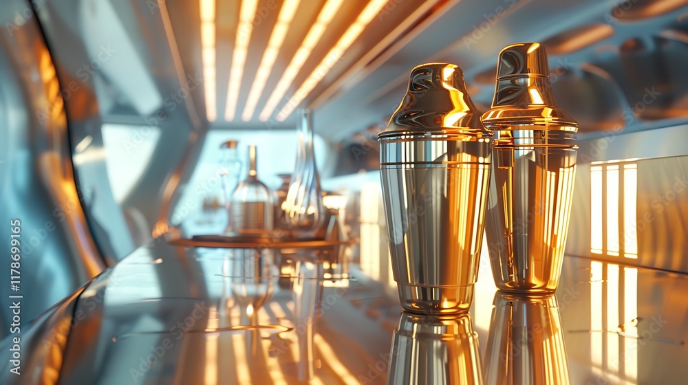 A sleek futuristic space with sunlight has shimmering cocktail shakers with a hint of blending components A sleek futuristic space with sunlight has shimmering cocktail shakers with a hint of blending components