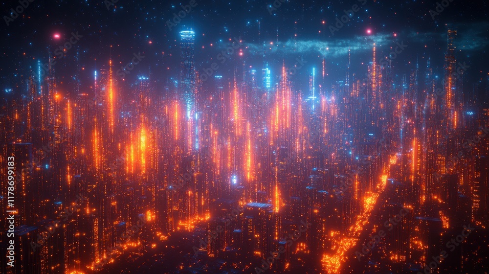 Fototapeta premium A vibrant, futuristic cityscape illuminated by glowing lights in a digital environment.