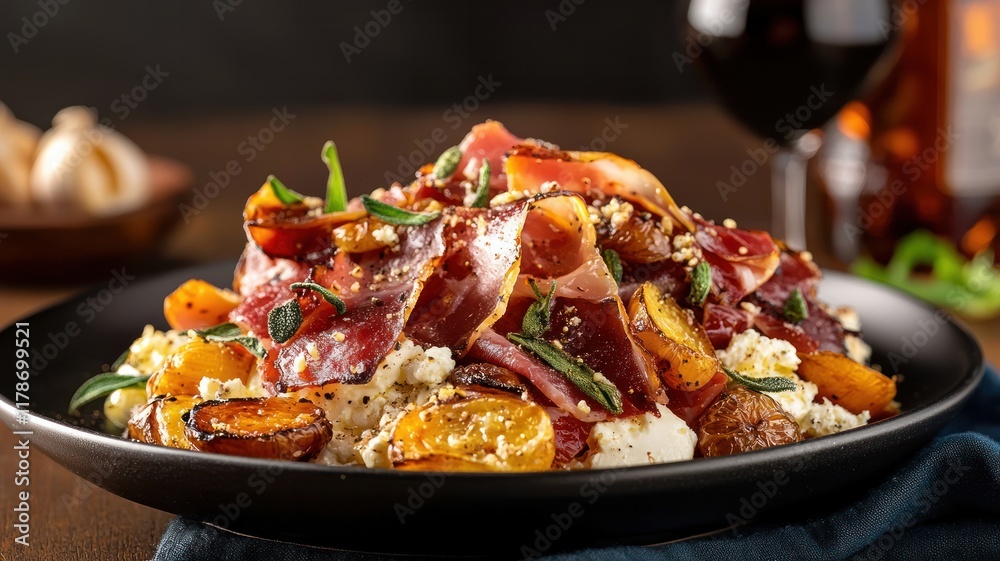 Mediterranean inspired platter with prosciutto and fruits gourmet restaurant food photography cozy dining atmosphere close-up view culinary art Mediterranean inspired platter with prosciutto and fruits gourmet restaurant food photography cozy dining atmosphere close-up view culinary art