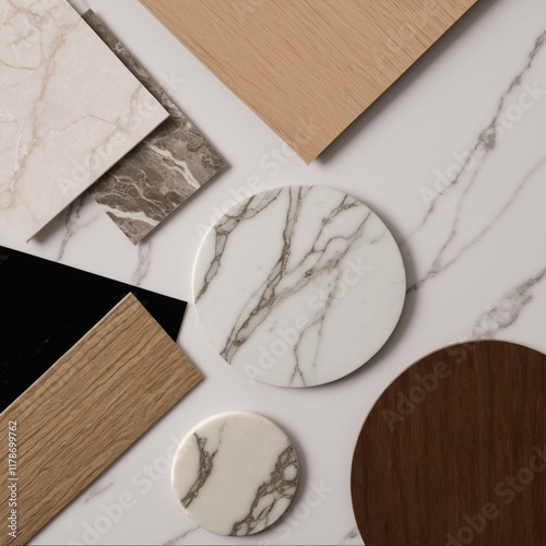 interior design material sample moodboard with luxury surfaces like marble and wood