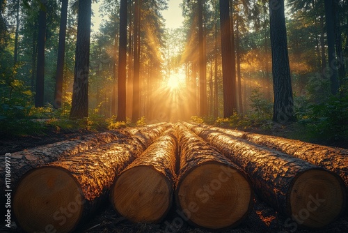 Timber logs in forest clearing surrounded by sawdust and foliage capturing natural craftsmanship
