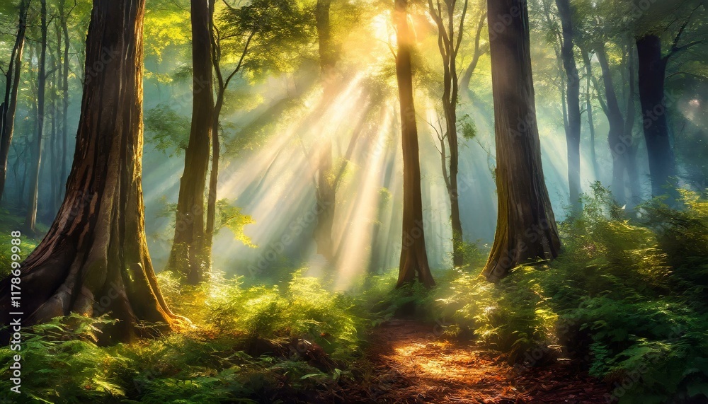 Obraz premium Foggy Forest with Sunbeams Piercing Through Trees