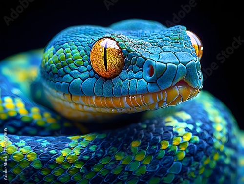 Neon Coiled Snake with Hypnotic Glowing Eyes on Isolated Dark Background photo