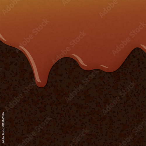 Caramel syrup pouring on browine cake texture square background graphic illustration.
