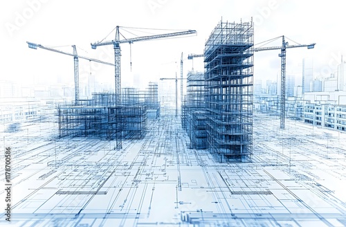 Architectural Blueprint of a Construction Site with Cranes and Building Framework