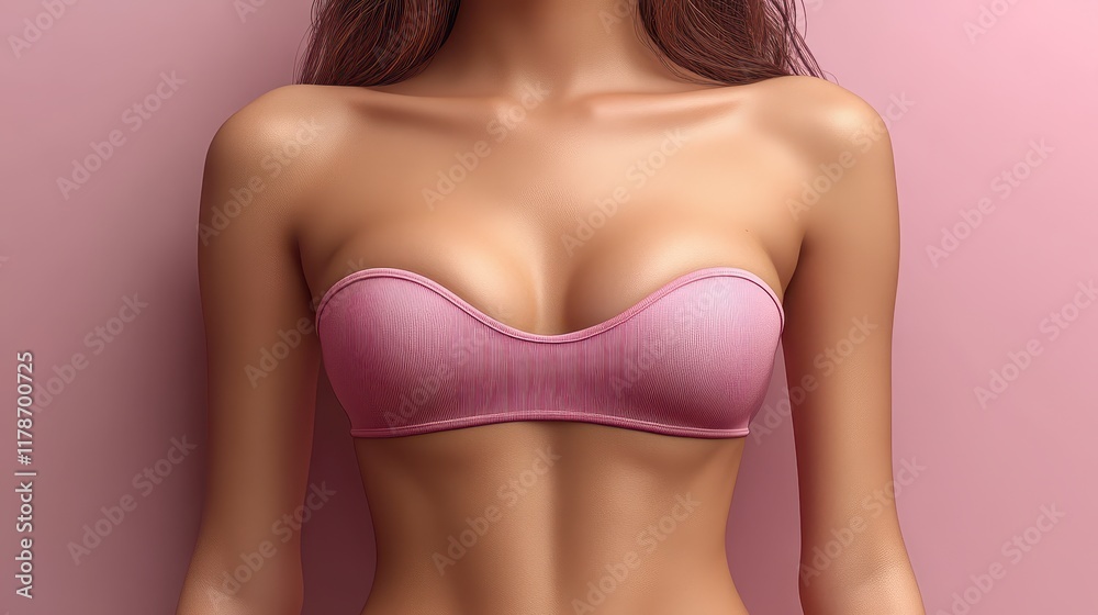 Naklejka premium Close-up of a woman's torso wearing a pink strapless bra against a pink background.