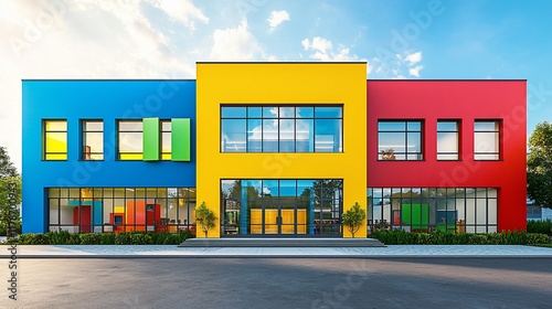 Colorful modern school building exterior.