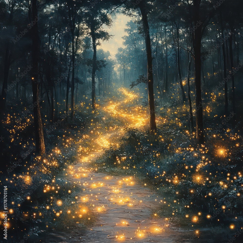 Obraz premium Enchanted Firefly Forest Path: A Magical Nighttime Journey