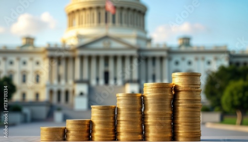 Golden coins stacked in ascending order in front of blurred government building. Image government spending, public debt. Financial stability, economic growth potentially depicted. Scene suggests photo
