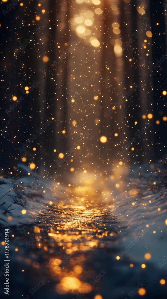 Fototapeta premium Soft blurred golden lights shimmer faintly along a snow-laden forest road evoking a peaceful and dreamy winter wonderland atmosphere