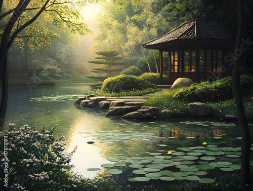 Serene garden scene with a tranquil pond and traditional gazebo. photo