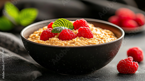Warm oatmeal with almond butter and mashed raspberries, wholesome and gentle breakfast