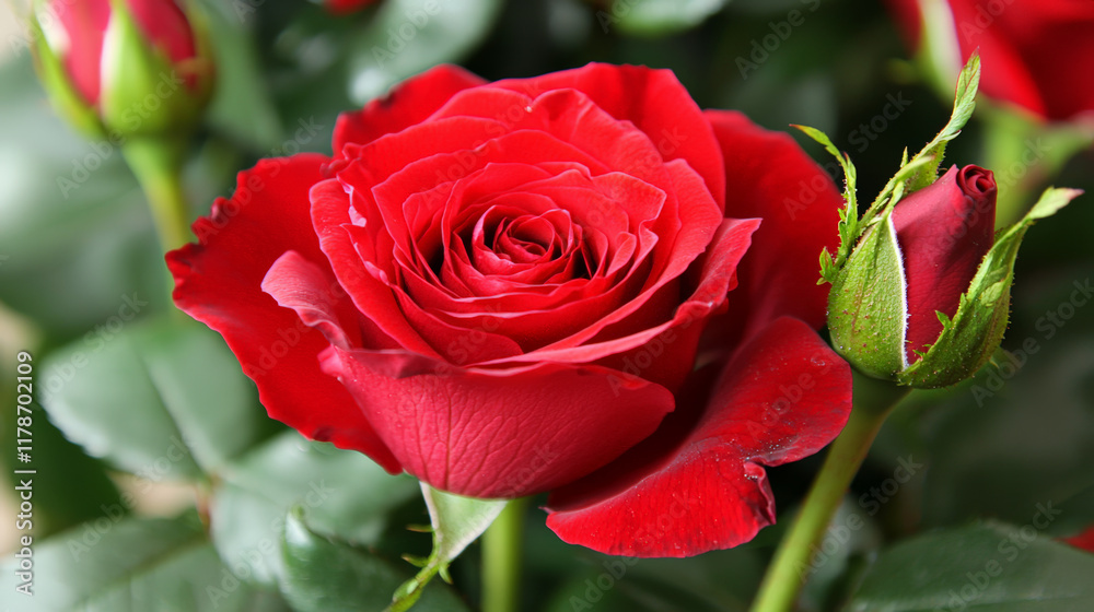 vibrant red rose blooms beautifully amidst lush green leaves, symbolizing love