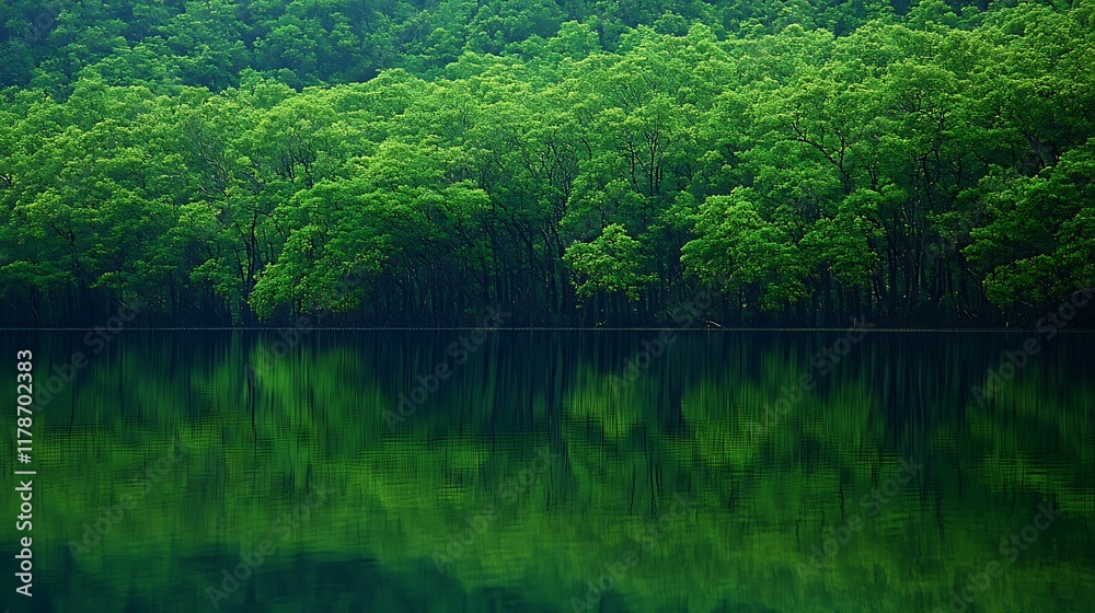 Lush green forest reflected in calm lake. Perfect nature scene for relaxation, travel brochures. Lush green forest reflected in calm lake. Perfect nature scene for relaxation, travel brochures.