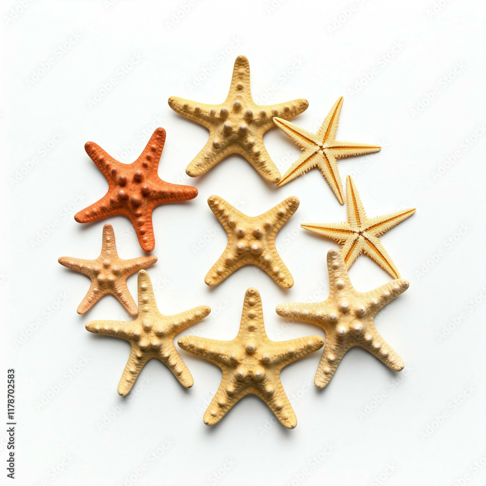 cream and orange starfish seashells on a white background summer vacation tropical beach mood cream and orange starfish seashells on a white background summer vacation tropical beach mood