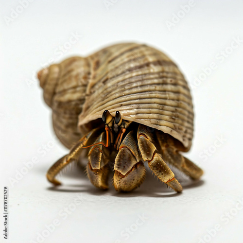 closeup of a brown hermit crab with its claws out in a white background photo