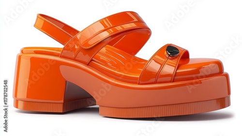 Orange platform sandals with thick heels and two straps. photo