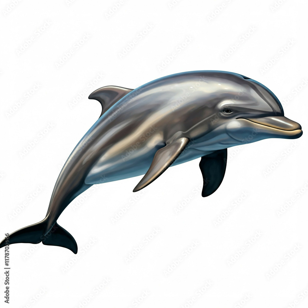 Obraz premium beautiful grey and black dolphin leaping out of the water with white background