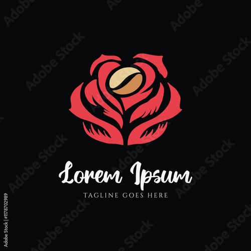 Red Rose Flower with Coffee Bean for Cafe Bistro or Herbal Beverage Drink Logo