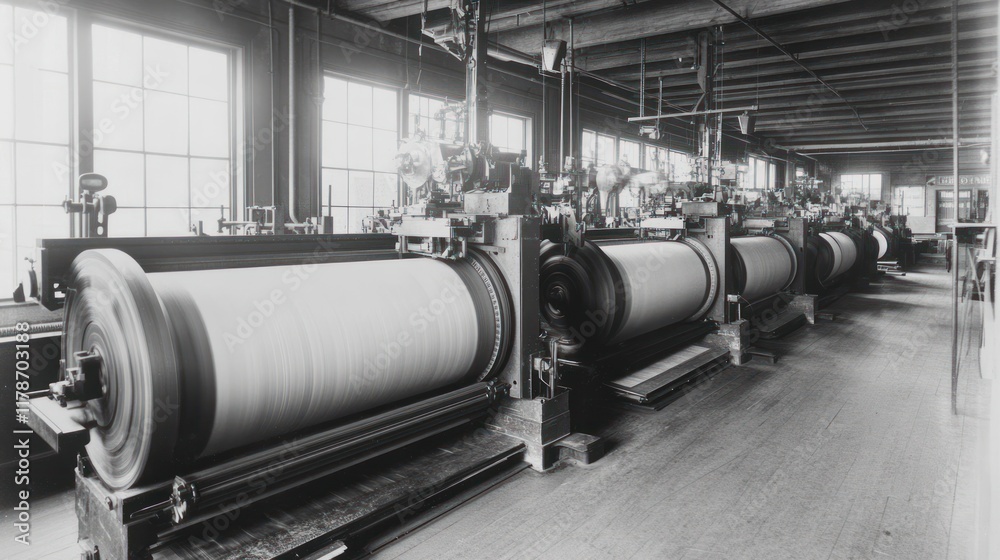 A historical industrial scene featuring large machinery in a factory setting. A historical industrial scene featuring large machinery in a factory setting.
