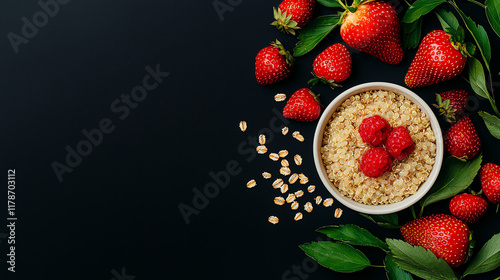 Warm quinoa porridge with chia seeds and mashed strawberries, modern healthconscious dish for sensitive palates photo