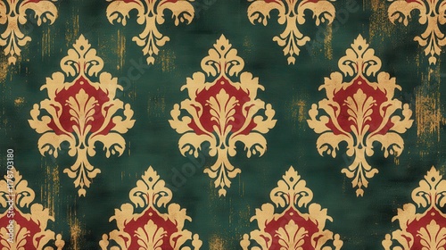 Vintage damask pattern on grunge texture background.