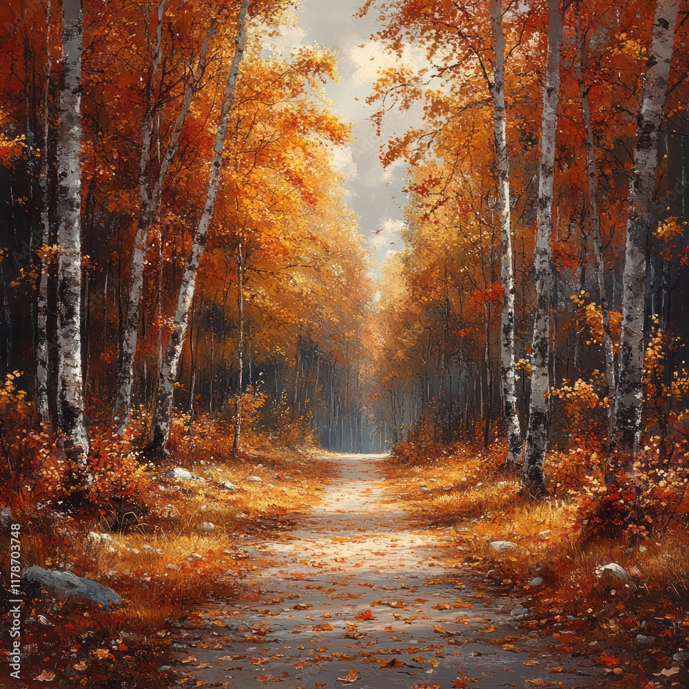 Autumnal Path: A Serene Walk Through Golden Birch Forest Autumnal Path: A Serene Walk Through Golden Birch Forest