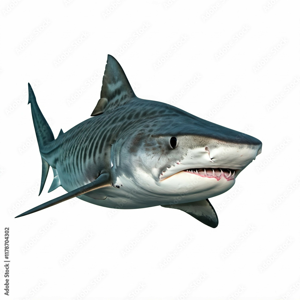 Fototapeta premium close up of tiger shark with open mouth and sharp teeth in blue and white isolated on white background