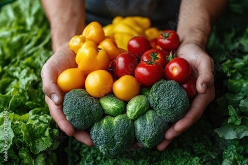 Fototapeta Naklejka Na Ścianę i Meble -  Fresh vegetables and fruits displayed in hands with vibrant colors at a market setting