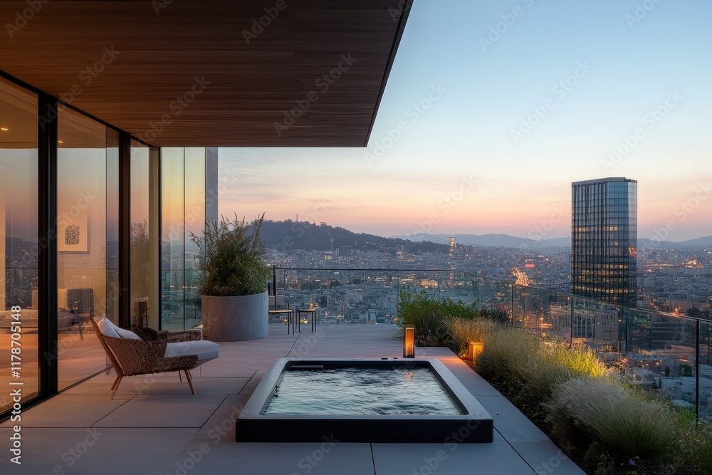 Fototapeta premium Luxurious rooftop terrace with city view at sunset featuring hot tub and modern design