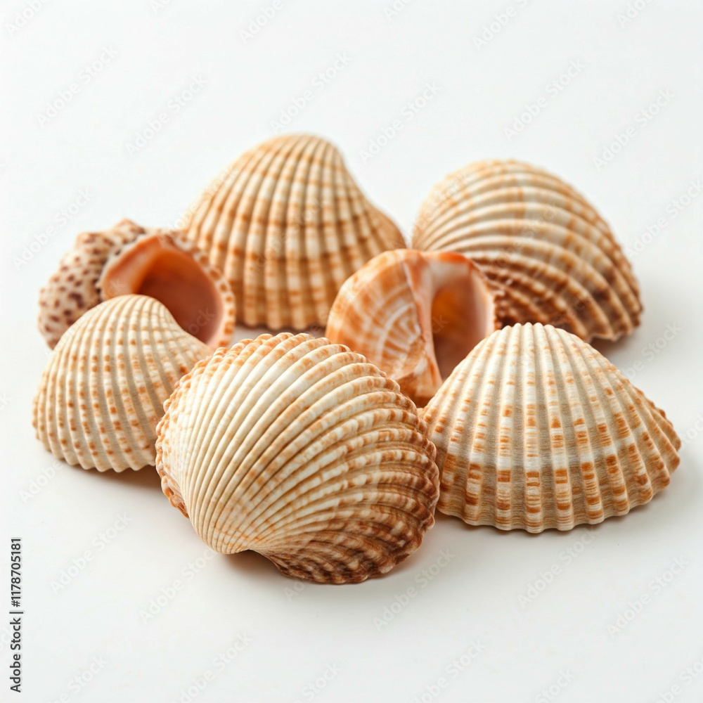 brown and white seashells on a white background close up brown and white seashells on a white background close up