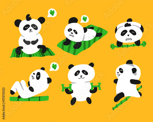 Flat cartoon panda illustration set doing sport activities photo