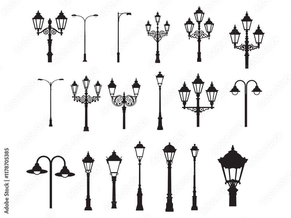 collection of Street lamp post silhouette vector on white background 