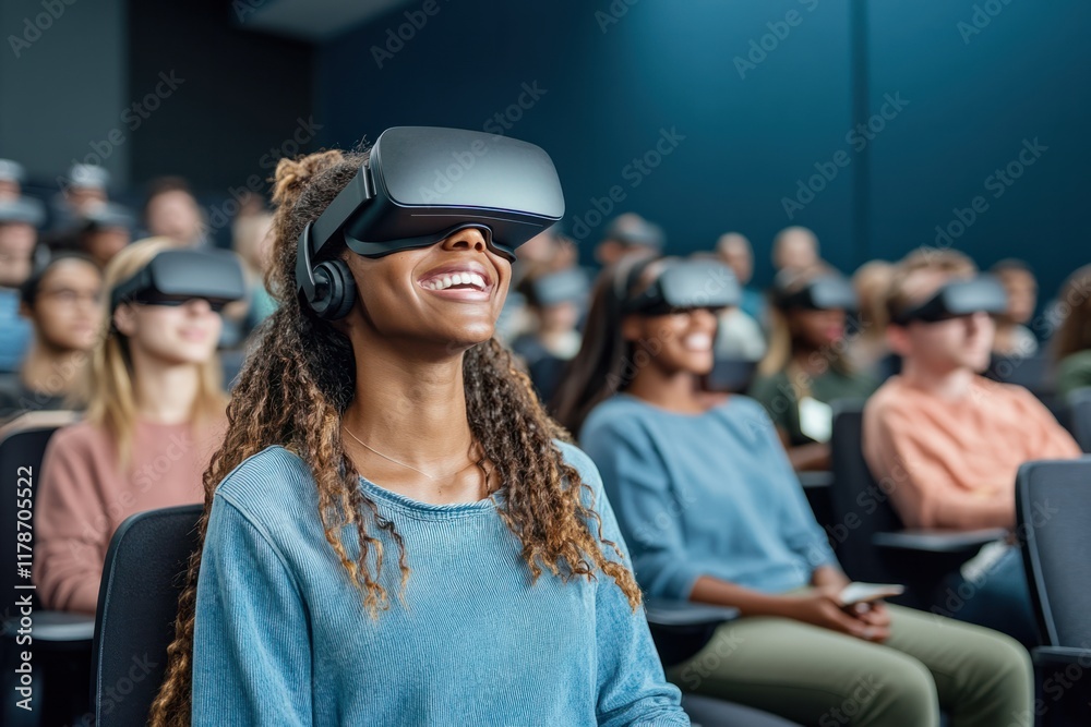 Obraz premium Group of students enjoying virtual reality experience in a lecture hall during a technology class