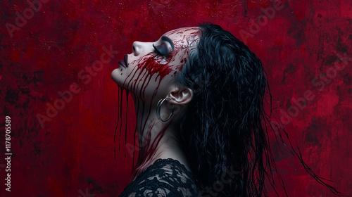 A profile view of a woman with dark, flowing hair and pale skin, her face streaked with dripping crimson paint photo