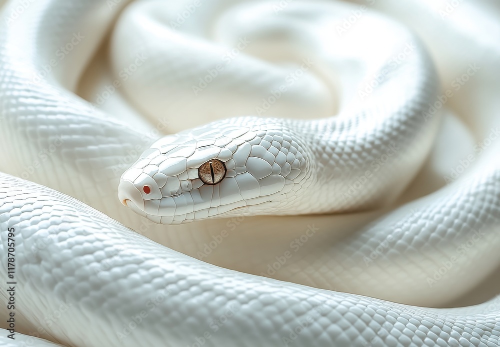Fototapeta premium Elegant White Snake with Smooth Scales and Striking Eyes on a Soft Background, Capturing the Grace and Beauty of Serpentine Life in Nature