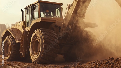 A front view of a heavy bulldozer working through rough terrain on a sunny construction site, emphasizing industrial power.