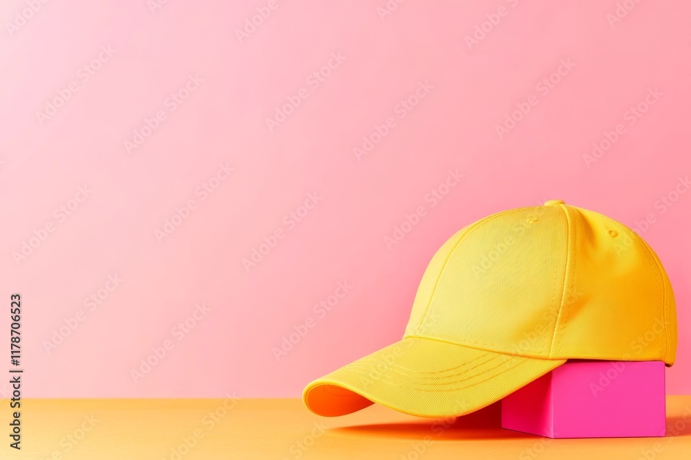 Fototapeta premium Vibrant Yellow Cap on Pink Background: Modern Fashion and Stylish Design