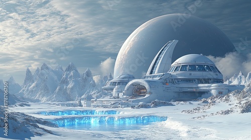 A futuristic alien research base on a frozen planet with glowing blue ice formations