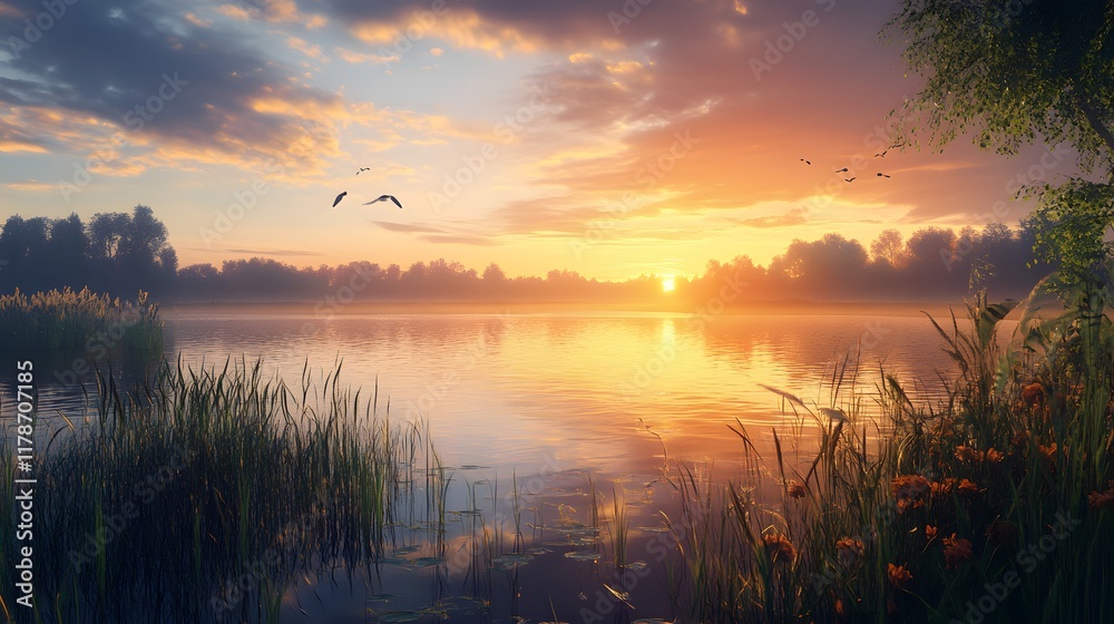 Serene sunset over a tranquil lake with lush vegetation. Serene sunset over a tranquil lake with lush vegetation.