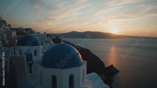 Santorini sunset over whitewashed village with blue domed churches. photo