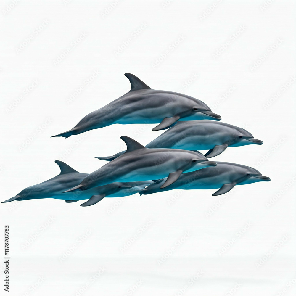 Obraz premium five playful dolphins leap through the blue water against a white background