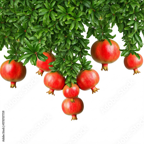 fresh red pomegranates hanging from green branches against a white background