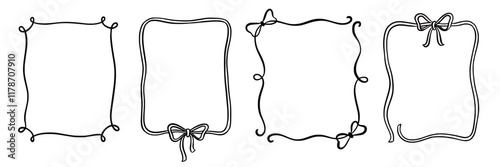 Bow frame ribbon border vintage hand drawn set. Hand drawn doodle sketch style line bow frame decorative black vintage ornament. Elegant doodle holiday, wedding ribbon border. Vector illustration
