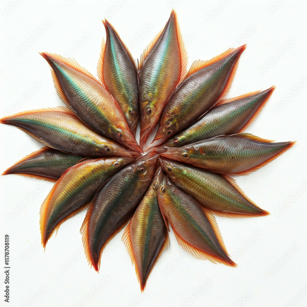 freshly caught red and green fish tails arranged in a starburst pattern on white background freshly caught red and green fish tails arranged in a starburst pattern on white background