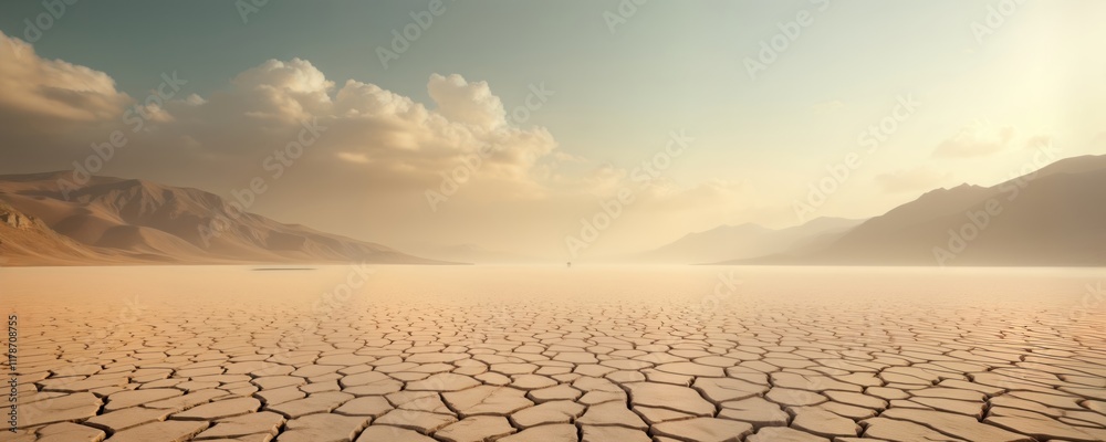 © Pete - Dried lakebed panorama shows cracked earth surface. Dusty sky stretches over arid landscape. Mountains surround dry terrain. Climate change causes desert expansion. Resource depletion evident. © Pete - Dried lakebed panorama shows cracked earth surface. Dusty sky stretches over arid landscape. Mountains surround dry terrain. Climate change causes desert expansion. Resource depletion evident.