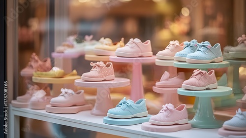 Wallpaper Mural A display of colorful children's shoes arranged on stands in a storefront. Torontodigital.ca