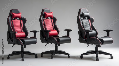 Three black and red gaming chairs with headrests and lumbar support. photo